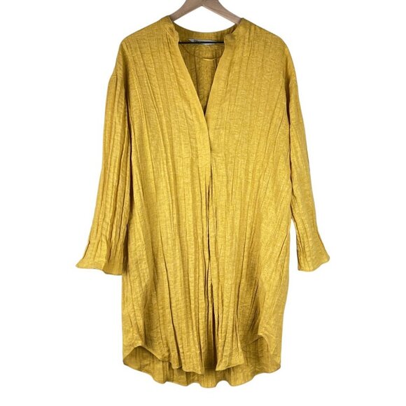 Zara Mustard Yellow V-Neck Pleated Linen Blend Tunic Dress - Picture 1 of 5